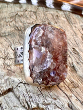 Load image into Gallery viewer, Druzy Amethyst Crystal big chunky ring set in sterling silver with wide stamped ring band. Fits size 7.5-8.