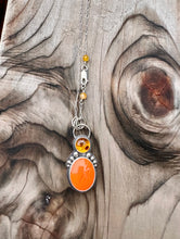 Load image into Gallery viewer, Orange Rosarita and Amber Pendant set in sterling silver with beaded accents on a 16" chain.