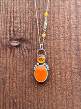 Load image into Gallery viewer, Orange Rosarita and Amber Pendant set in sterling silver with beaded accents on a 16" chain.